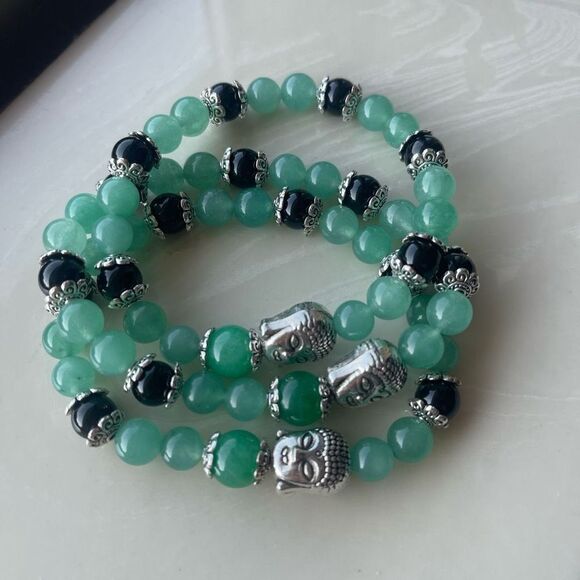 Green aventurine jade obsidian Buddha ONE stretch beaded bracelet NEW reiki medi - Picture 10 of 10
